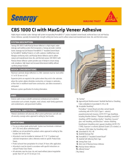 First-page preview of Cement Board Stucco 1000 CI with MaxGrip Veneer Adhesive