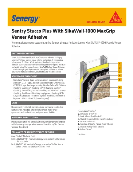 First-page preview of Sentry Stucco Plus with SikaWall-1000 MaxGrip Veneer Adhesive