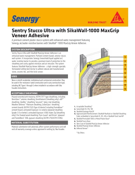 First-page preview of Sentry Stucco Ultra with SikaWall-1000 MaxGrip Veneer Adhesive